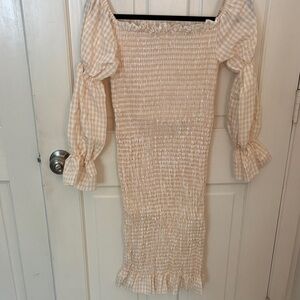Smocked Gingham Long Sleeve Midi Dress in Cream